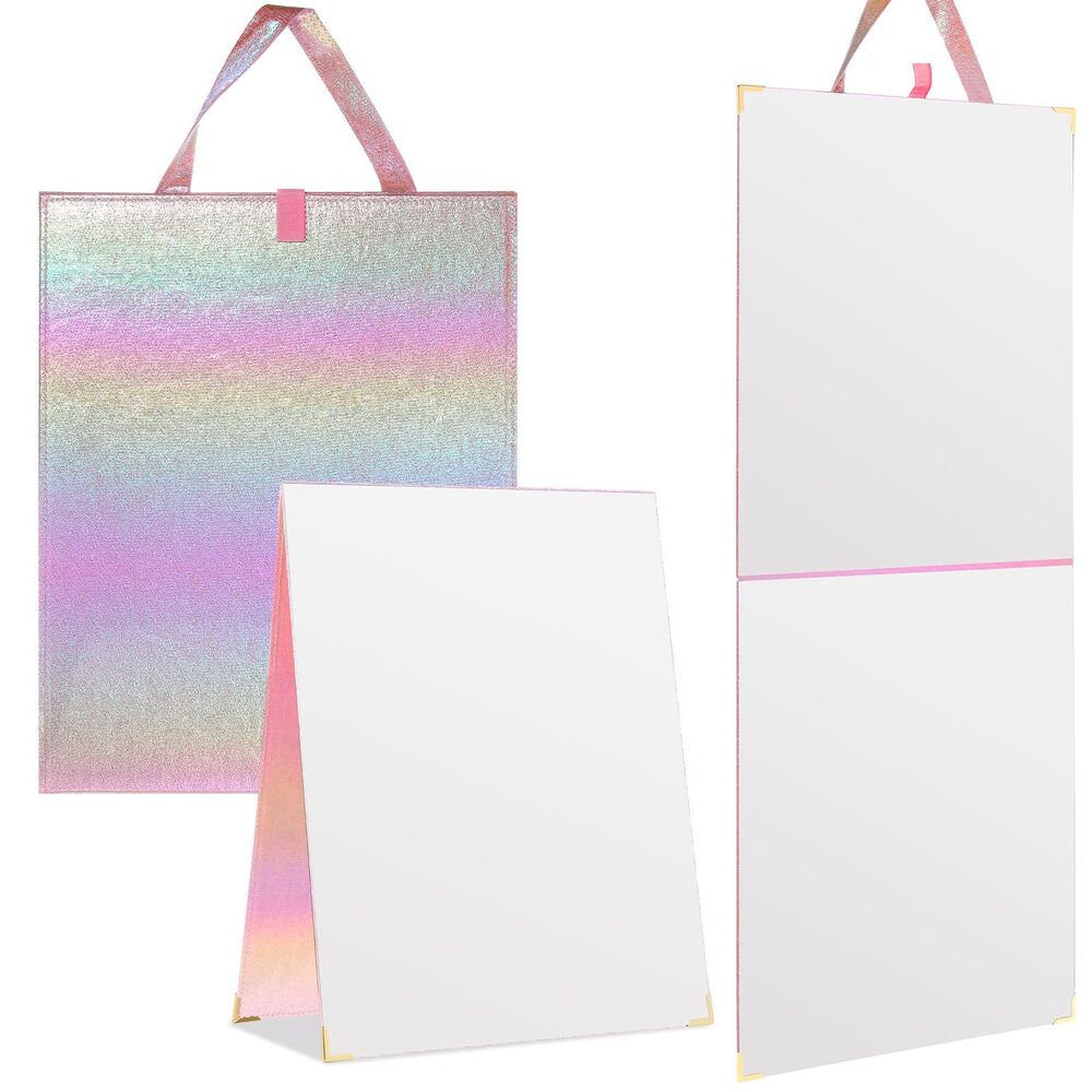 Frameless Foldable Backstage Mirror with Handle 33 x 13 Inch (Pink)